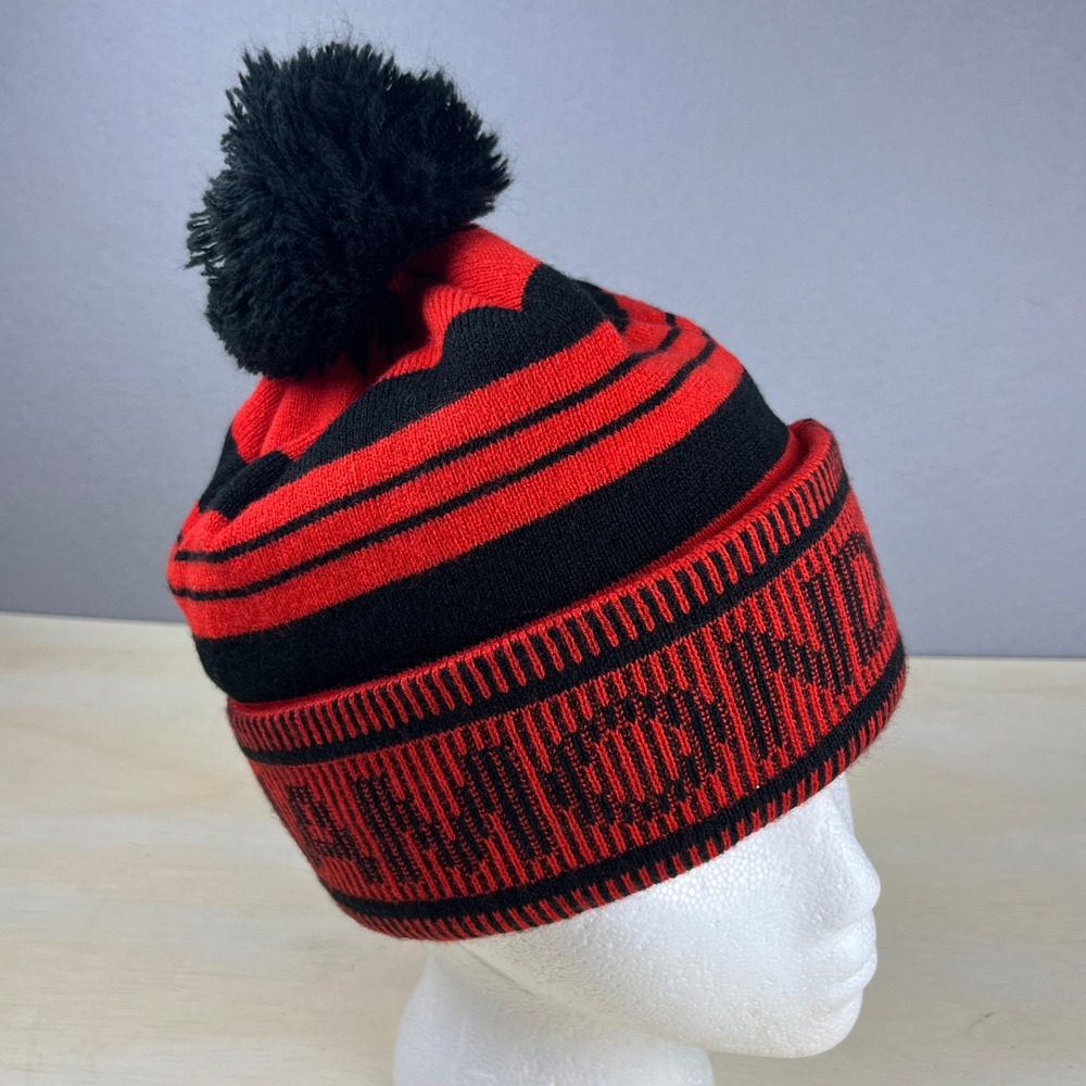 Black Diamond Equipment Red Black Striped Pom Pom Knit Beanie Hat One Size